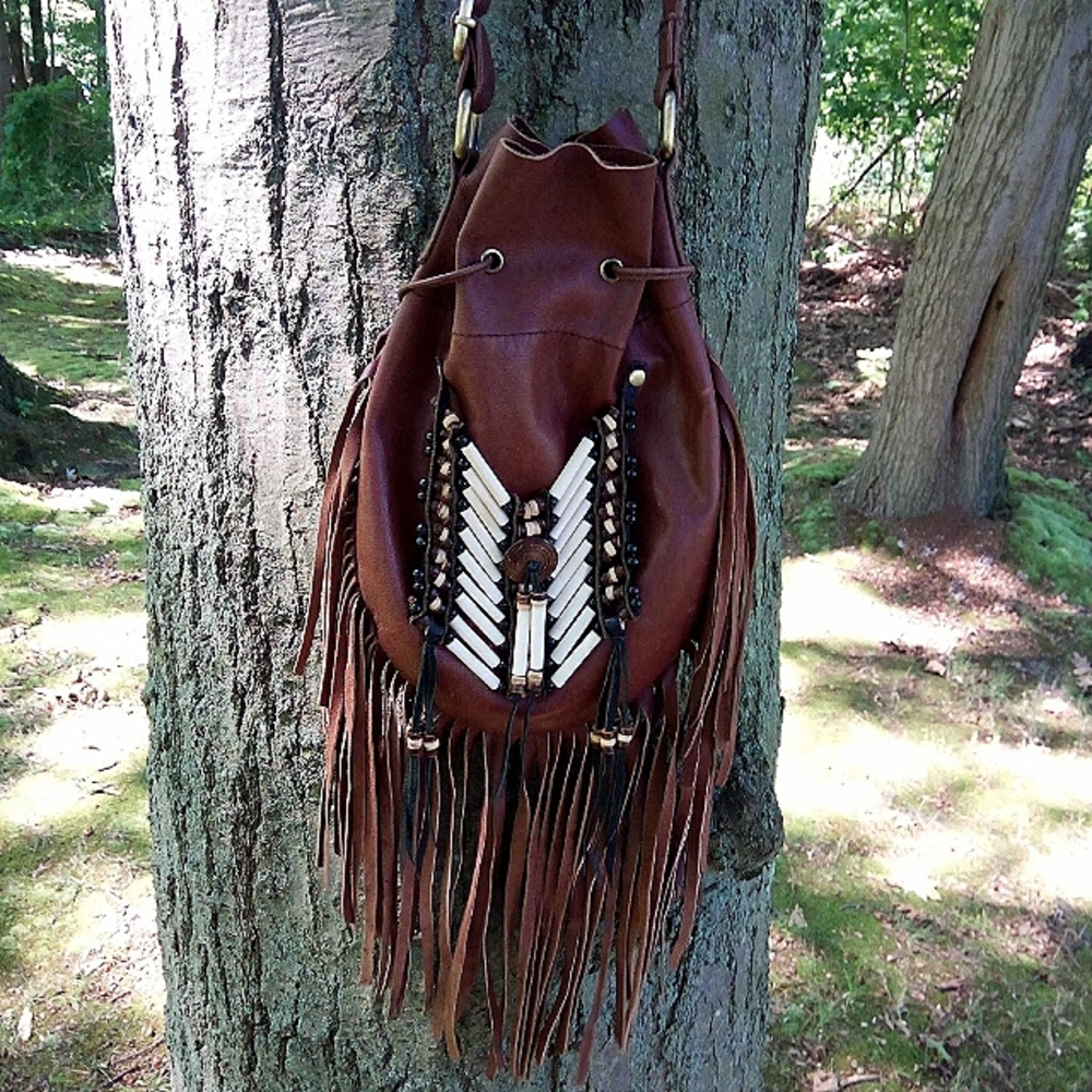 Brown Fringe Crossbody Bag with Beaded Accent